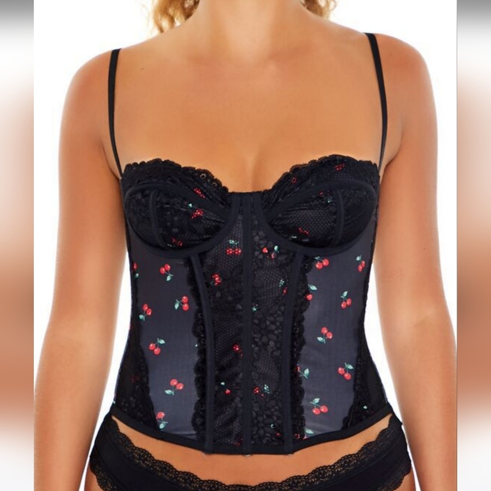 New. Black Lace Corset with Cherry Embroidery